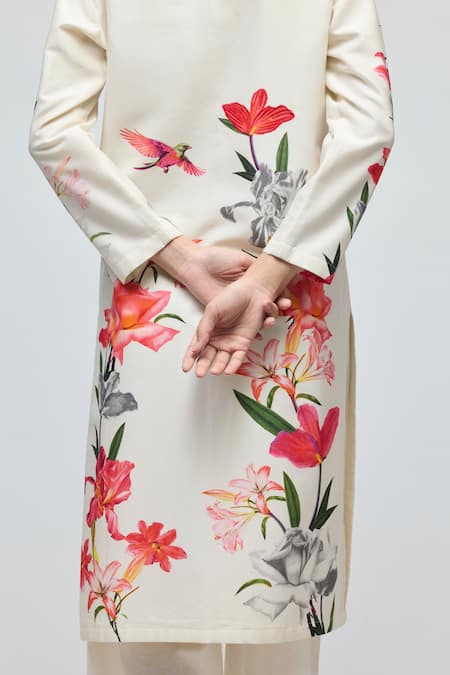 Shop Balance By Rohit Bal Ivory Chanderi, Voile Mandarin Collar, Floral Print Tunic With Pant Online at Aza Fashions Shop_Balance By Rohit Bal_Ivory Chanderi, Voile Mandarin Collar, Floral Print Tunic With Pant _Online_at_Aza_Fashions