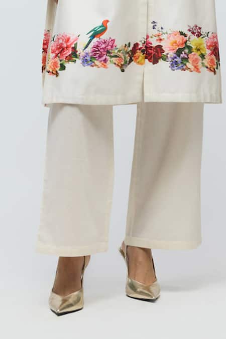 Balance By Rohit Bal_Ivory Chanderi, Voile Mandarin Collar Floral Print Tunic With Pant _Online_at_Aza_Fashions
