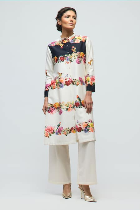 Buy_Balance By Rohit Bal_Ivory Chanderi, Voile Mandarin Collar Floral Print Tunic With Pant _Online_at_Aza_Fashions