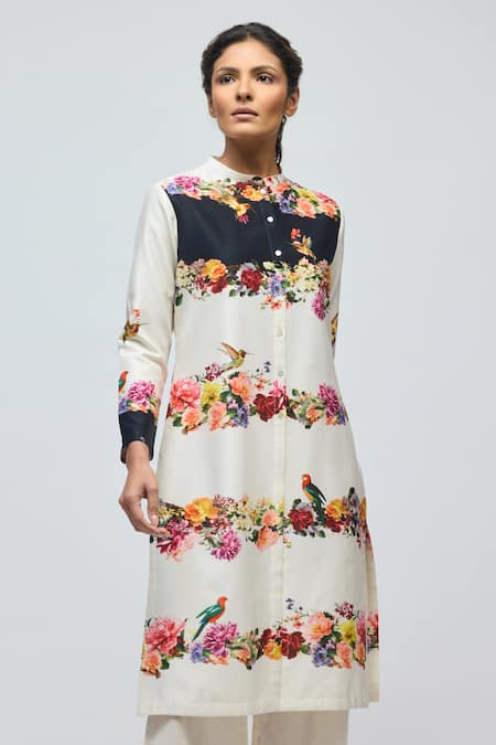 Shop_Balance By Rohit Bal_Ivory Chanderi, Voile Mandarin Collar Floral Print Tunic With Pant _Online_at_Aza_Fashions