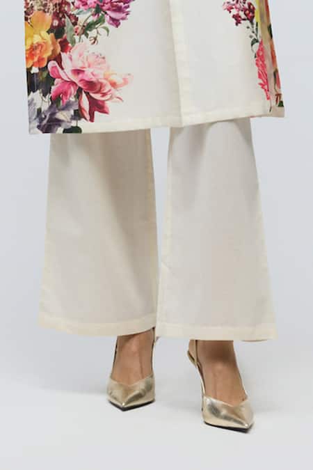 Balance By Rohit Bal_Ivory Chanderi, Voile Mandarin Collar Floral Print Tunic With Pant _Online_at_Aza_Fashions