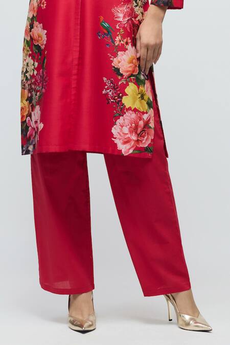 Balance By Rohit Bal_Red Chanderi, Voile Mandarin Collar Floral Print Tunic With Pant _Online_at_Aza_Fashions