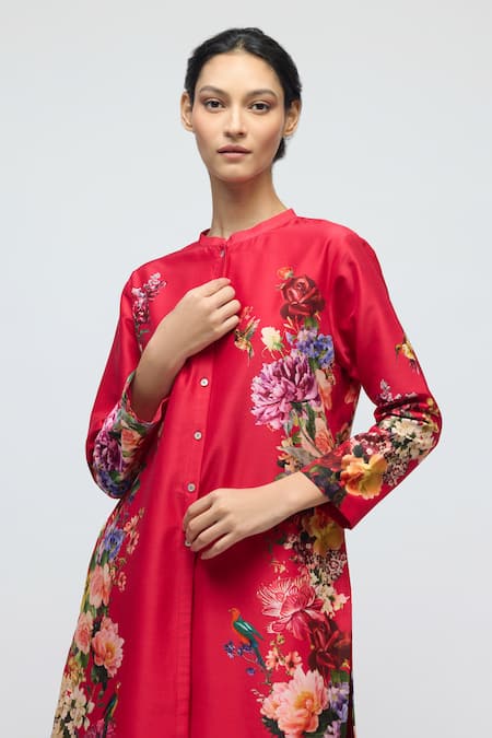 Buy_Balance By Rohit Bal_Red Chanderi, Voile Mandarin Collar Floral Print Tunic With Pant _Online_at_Aza_Fashions