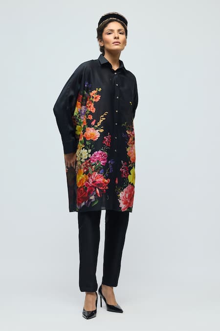 Balance By Rohit Bal_Black Chanderi Collared, Button-down Neck Floral Print Tunic _Online_at_Aza_Fashions