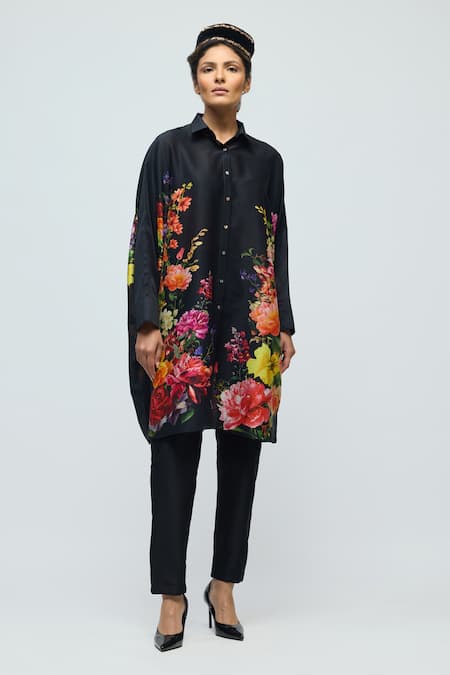 Buy_Balance By Rohit Bal_Black Chanderi Collared, Button-down Neck Floral Print Tunic _Online_at_Aza_Fashions