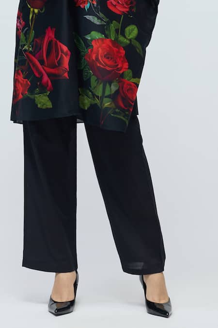 Balance By Rohit Bal_Black Chanderi Collared, Button-down Neck Floral Print Tunic _Online_at_Aza_Fashions