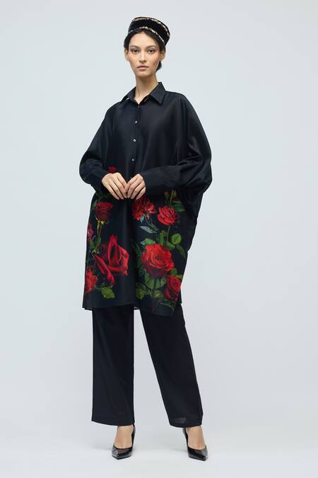 Buy_Balance By Rohit Bal_Black Chanderi Collared, Button-down Neck Floral Print Tunic _Online_at_Aza_Fashions