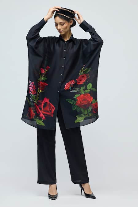 Shop_Balance By Rohit Bal_Black Chanderi Collared, Button-down Neck Floral Print Tunic _Online_at_Aza_Fashions