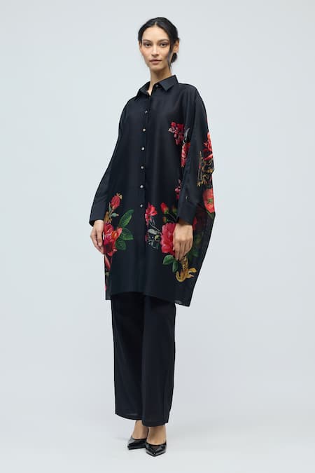 Balance By Rohit Bal_Black Chanderi Collared, Button-down Neck Floral Print Tunic _Online_at_Aza_Fashions