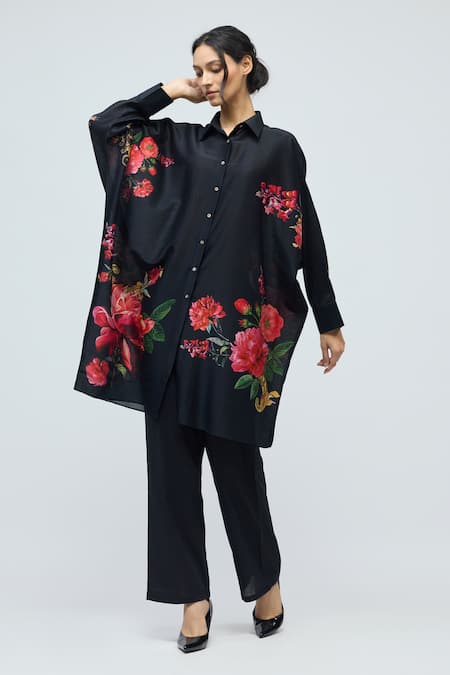 Shop_Balance By Rohit Bal_Black Chanderi Collared, Button-down Neck Floral Print Tunic _Online_at_Aza_Fashions