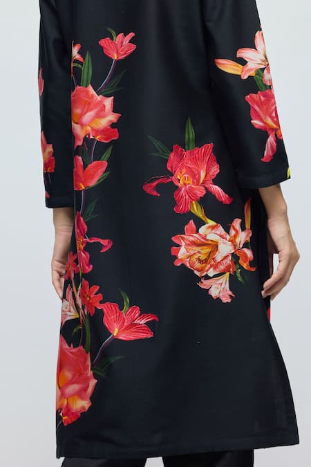 Balance By Rohit Bal_Black Chanderi, Voile V-neck Floral Print Tunic With Pant _Online_at_Aza_Fashions