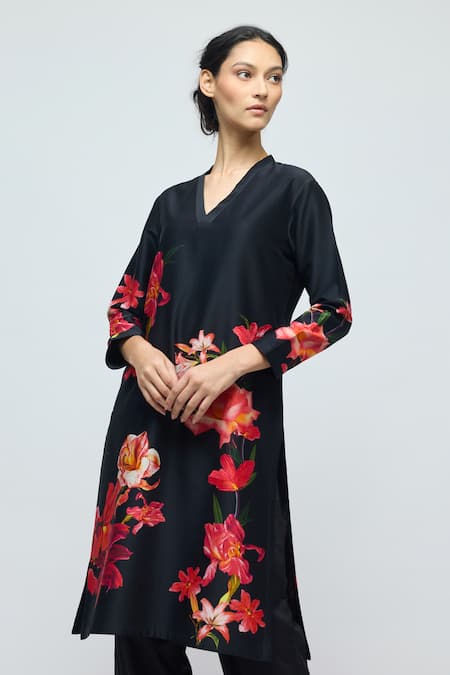 Buy_Balance By Rohit Bal_Black Chanderi, Voile V-neck Floral Print Tunic With Pant _Online_at_Aza_Fashions