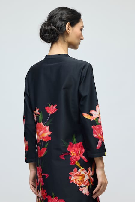 Shop_Balance By Rohit Bal_Black Chanderi, Voile V-neck Floral Print Tunic With Pant _Online_at_Aza_Fashions