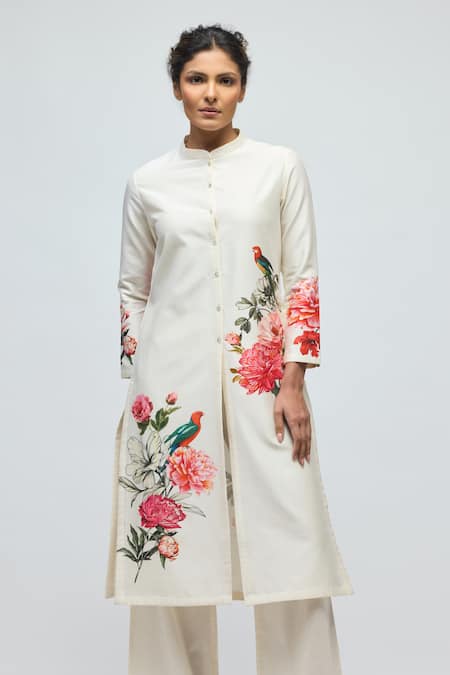Balance By Rohit Bal_Ivory Chanderi, Voile Mandarin Collar, Button-down Floral Print Tunic With Pant _Online_at_Aza_Fashions