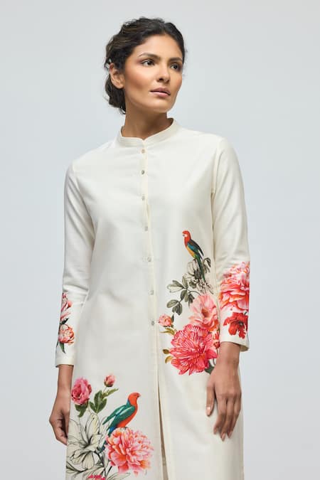 Buy_Balance By Rohit Bal_Ivory Chanderi, Voile Mandarin Collar, Button-down Floral Print Tunic With Pant _Online_at_Aza_Fashions