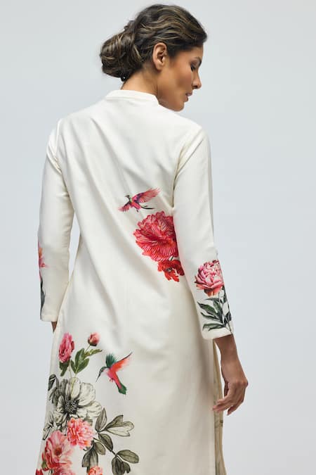 Shop_Balance By Rohit Bal_Ivory Chanderi, Voile Mandarin Collar, Button-down Floral Print Tunic With Pant _Online_at_Aza_Fashions
