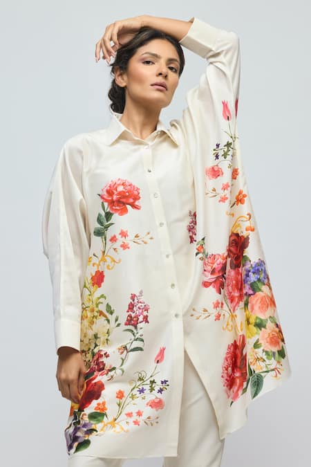 Buy_Balance By Rohit Bal_Ivory Chanderi Collared, Button-down Neck Floral Print Tunic _Online_at_Aza_Fashions