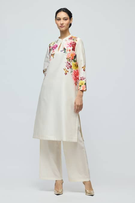 Balance By Rohit Bal_Ivory Chanderi, Voile Mandarin Collar, Keyhole Floral Print Tunic With Pant _Online_at_Aza_Fashions