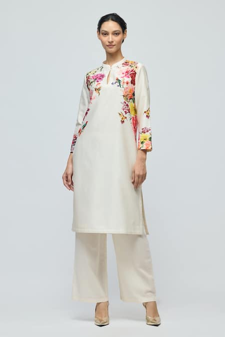 Buy_Balance By Rohit Bal_Ivory Chanderi, Voile Mandarin Collar, Keyhole Floral Print Tunic With Pant _Online_at_Aza_Fashions