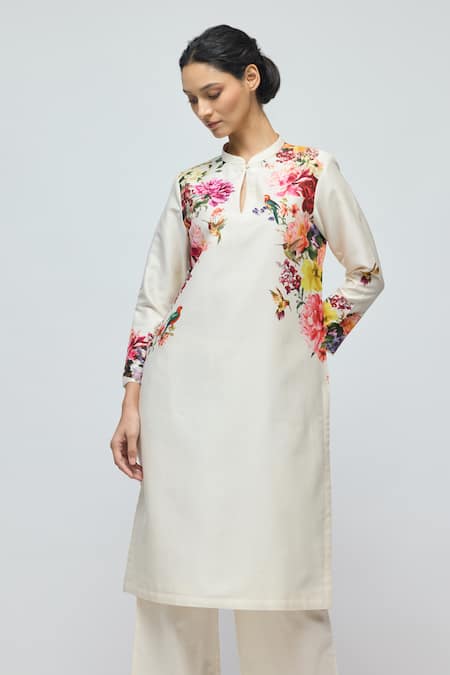 Shop_Balance By Rohit Bal_Ivory Chanderi, Voile Mandarin Collar, Keyhole Floral Print Tunic With Pant _Online_at_Aza_Fashions