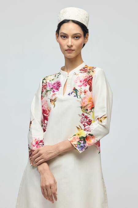 Buy_Balance By Rohit Bal_Ivory Chanderi, Voile Mandarin Collar, Keyhole Floral Print Tunic With Pant 