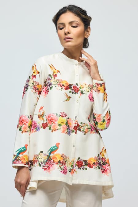 Balance By Rohit Bal_Ivory Chanderi, Voile Mandarin Collar Floral Print Tunic With Pant _Online_at_Aza_Fashions