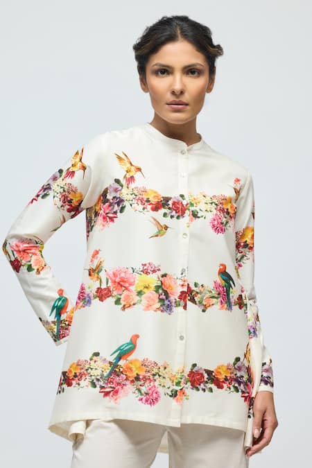 Buy_Balance By Rohit Bal_Ivory Chanderi, Voile Mandarin Collar Floral Print Tunic With Pant _Online_at_Aza_Fashions
