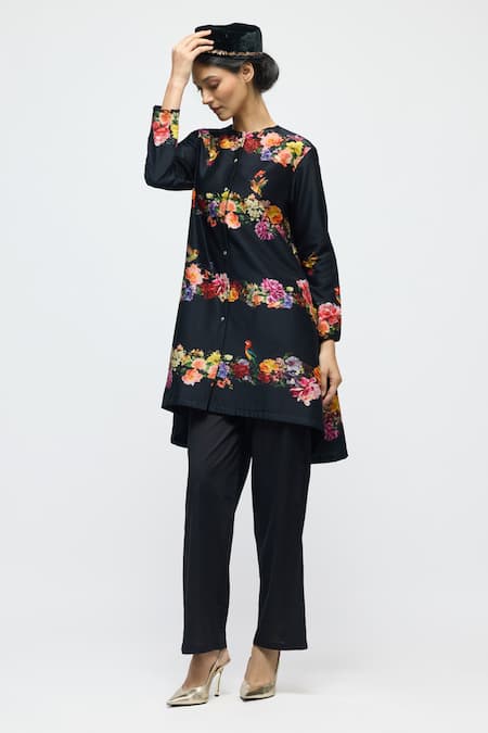 Balance By Rohit Bal Black Chanderi, Voile Round Neck, Mandarin Collar Floral Print Tunic With Pant Online at Aza Fashions Balance By Rohit Bal_Black Chanderi, Voile Round Neck, Mandarin Collar Floral Print Tunic With Pant _Online_at_Aza_Fashions