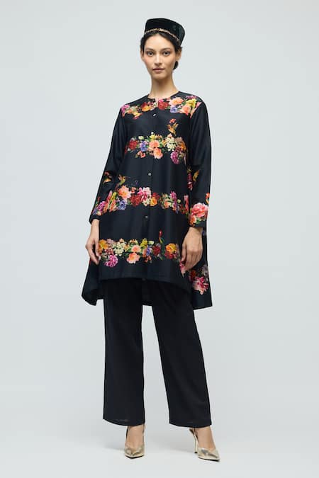 Buy Balance By Rohit Bal Black Chanderi, Voile Round Neck, Mandarin Collar Floral Print Tunic With Pant Online at Aza Fashions Buy_Balance By Rohit Bal_Black Chanderi, Voile Round Neck, Mandarin Collar Floral Print Tunic With Pant _Online_at_Aza_Fashions