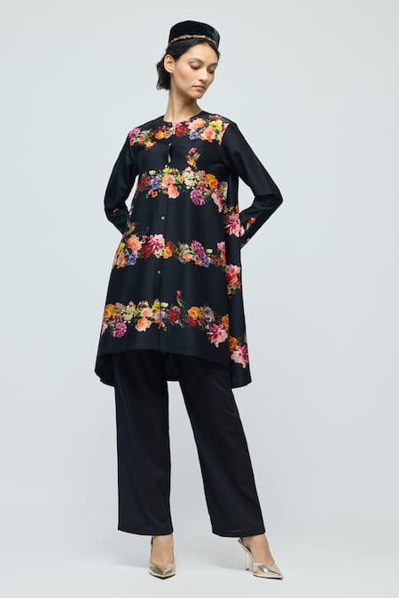 Shop Balance By Rohit Bal Black Chanderi, Voile Round Neck, Mandarin Collar Floral Print Tunic With Pant Online at Aza Fashions Shop_Balance By Rohit Bal_Black Chanderi, Voile Round Neck, Mandarin Collar Floral Print Tunic With Pant _Online_at_Aza_Fashions