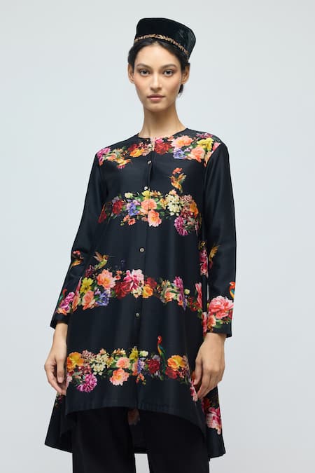 Balance By Rohit Bal Black Chanderi, Voile Round Neck, Mandarin Collar Floral Print Tunic With Pant at Aza Fashions Balance By Rohit Bal_Black Chanderi, Voile Round Neck, Mandarin Collar Floral Print Tunic With Pant _at_Aza_Fashions
