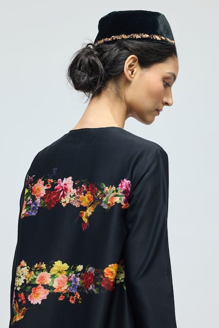 Buy Balance By Rohit Bal Black Chanderi, Voile Round Neck, Mandarin Collar Floral Print Tunic With Pant Buy_Balance By Rohit Bal_Black Chanderi, Voile Round Neck, Mandarin Collar Floral Print Tunic With Pant