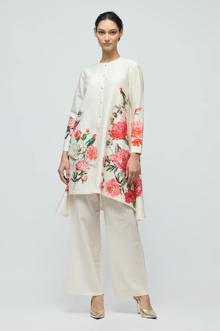 Balance By Rohit Bal Ivory Chanderi, Voile Round Neck Floral Print Tunic With Palazzo Online at Aza Fashions Balance By Rohit Bal_Ivory Chanderi, Voile Round Neck Floral Print Tunic With Palazzo _Online_at_Aza_Fashions