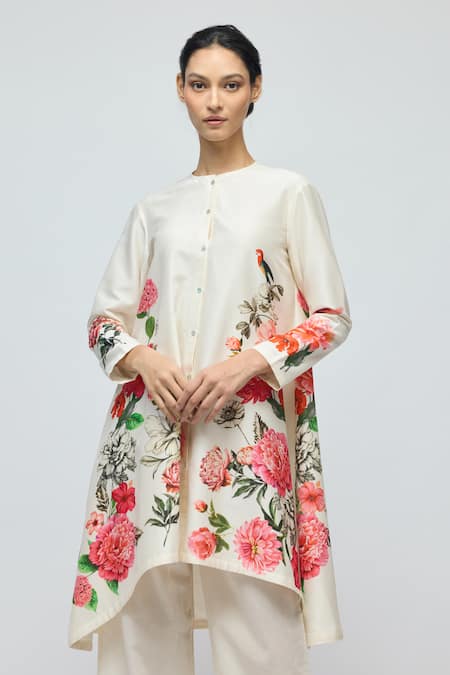 Buy Balance By Rohit Bal Ivory Chanderi, Voile Round Neck Floral Print Tunic With Palazzo Online at Aza Fashions Buy_Balance By Rohit Bal_Ivory Chanderi, Voile Round Neck Floral Print Tunic With Palazzo _Online_at_Aza_Fashions