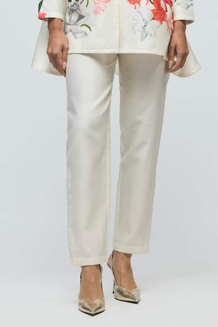 Balance By Rohit Bal Ivory Chanderi, Voile Mandarin Collar Floral Print Tunic With Pant Online at Aza Fashions Balance By Rohit Bal_Ivory Chanderi, Voile Mandarin Collar Floral Print Tunic With Pant _Online_at_Aza_Fashions