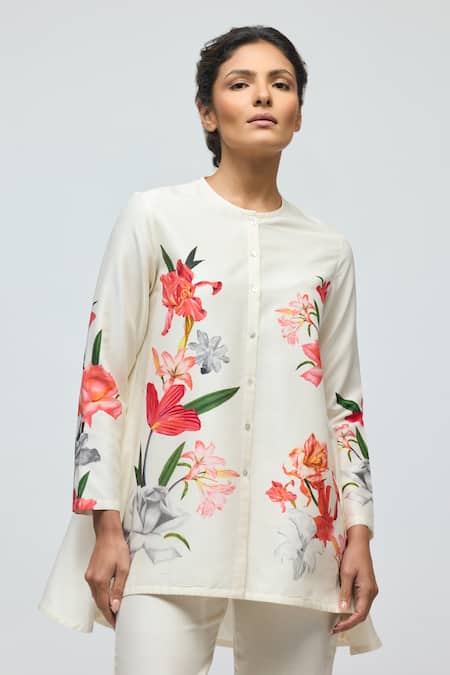 Buy Balance By Rohit Bal Ivory Chanderi, Voile Mandarin Collar Floral Print Tunic With Pant Online at Aza Fashions Buy_Balance By Rohit Bal_Ivory Chanderi, Voile Mandarin Collar Floral Print Tunic With Pant _Online_at_Aza_Fashions