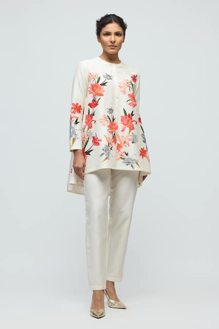 Balance By Rohit Bal_Ivory Chanderi, Voile Round Neck Floral Print Tunic With Pant _Online_at_Aza_Fashions