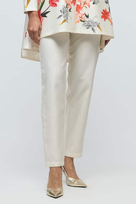 Buy_Balance By Rohit Bal_Ivory Chanderi, Voile Round Neck Floral Print Tunic With Pant _Online_at_Aza_Fashions