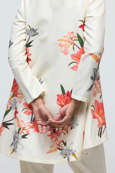 Shop_Balance By Rohit Bal_Ivory Chanderi, Voile Round Neck Floral Print Tunic With Pant _Online_at_Aza_Fashions