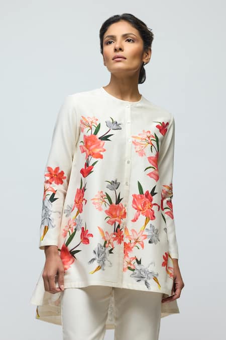 Balance By Rohit Bal_Ivory Chanderi, Voile Round Neck Floral Print Tunic With Pant _at_Aza_Fashions