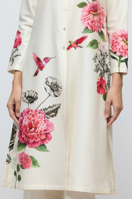 Balance By Rohit Bal Ivory Chanderi, Voile Collared Floral Print Tunic With Palazzo Online at Aza Fashions Balance By Rohit Bal_Ivory Chanderi, Voile Collared Floral Print Tunic With Palazzo _Online_at_Aza_Fashions