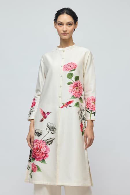 Shop Balance By Rohit Bal Ivory Chanderi, Voile Collared Floral Print Tunic With Palazzo Online at Aza Fashions Shop_Balance By Rohit Bal_Ivory Chanderi, Voile Collared Floral Print Tunic With Palazzo _Online_at_Aza_Fashions