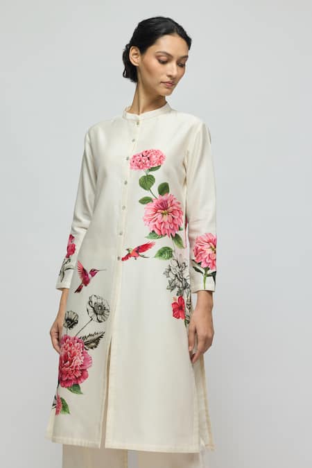 Balance By Rohit Bal Ivory Chanderi, Voile Collared Floral Print Tunic With Palazzo at Aza Fashions Balance By Rohit Bal_Ivory Chanderi, Voile Collared Floral Print Tunic With Palazzo _at_Aza_Fashions