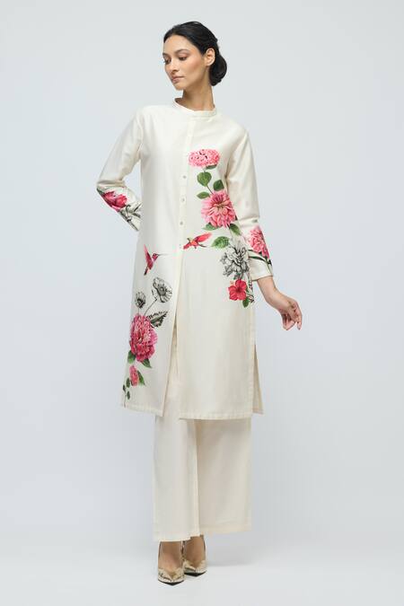Buy Balance By Rohit Bal Ivory Chanderi, Voile Collared Floral Print Tunic With Palazzo Buy_Balance By Rohit Bal_Ivory Chanderi, Voile Collared Floral Print Tunic With Palazzo