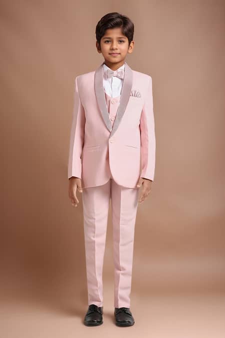 Petite Pomme Pink Polyester, Cotton Satin Sequins 5 Pcs Island Royal Suit Set