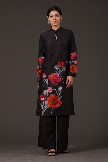 Balance By Rohit Bal Black Chanderi Mandarin Collar, Keyhole Neck Tunic With Palazzo Online at Aza Fashions Balance By Rohit Bal_Black Chanderi Mandarin Collar, Keyhole Neck Tunic With Palazzo _Online_at_Aza_Fashions