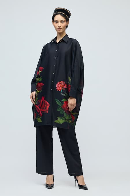 Balance By Rohit Bal_Black Chanderi Collared, Button-down Neck Floral Print Tunic _at_Aza_Fashions