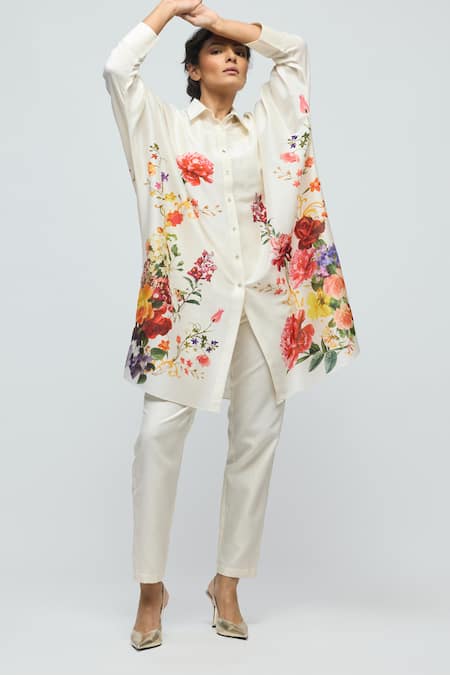 Shop_Balance By Rohit Bal_Ivory Chanderi Collared, Button-down Neck Floral Print Tunic _Online_at_Aza_Fashions