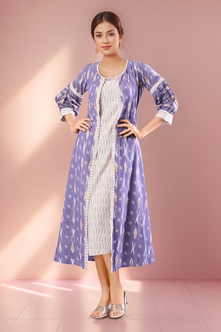 Naintara Bajaj Purple Ikat Handloom Midi Dress & Jacket Set 