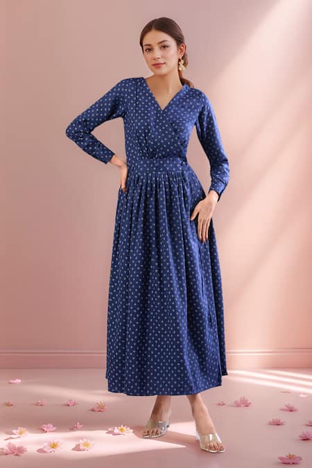 Naintara Bajaj Blue Embroidery V-neck Butti Flex Cotton Midi Dress